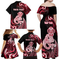Personalised New Zealand Maori Taniwha Family Matching Off Shoulder Maxi Dress and Hawaiian Shirt Silver Fern Red Version LT05 - Polynesian Pride