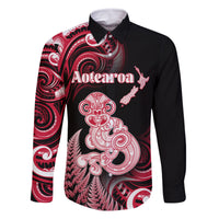 Personalised New Zealand Maori Taniwha Family Matching Off Shoulder Maxi Dress and Hawaiian Shirt Silver Fern Red Version LT05 Dad's Shirt - Long Sleeve Red - Polynesian Pride