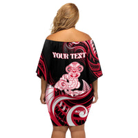 Personalised New Zealand Maori Taniwha Family Matching Off Shoulder Short Dress and Hawaiian Shirt Silver Fern Red Version LT05 - Polynesian Pride