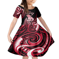Personalised New Zealand Maori Taniwha Family Matching Short Sleeve Bodycon Dress and Hawaiian Shirt Silver Fern Red Version LT05 Daughter's Dress Red - Polynesian Pride