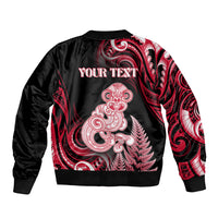 Personalised New Zealand Maori Taniwha Sleeve Zip Bomber Jacket Silver Fern Red Version