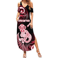 Personalised New Zealand Maori Taniwha Summer Maxi Dress Silver Fern Red Version LT05 Women Red - Polynesian Pride