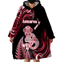 Personalised New Zealand Maori Taniwha Wearable Blanket Hoodie Silver Fern Red Version