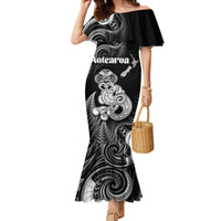 Personalised New Zealand Maori Taniwha Family Matching Mermaid Dress and Hawaiian Shirt Silver Fern Black Version LT05 Mom's Dress Black - Polynesian Pride