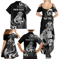 Personalised New Zealand Maori Taniwha Family Matching Summer Maxi Dress and Hawaiian Shirt Silver Fern Black Version LT05 - Polynesian Pride