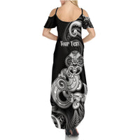 Personalised New Zealand Maori Taniwha Summer Maxi Dress Silver Fern Black Version LT05 - Polynesian Pride