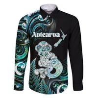 Personalised New Zealand Maori Taniwha Family Matching Off Shoulder Maxi Dress and Hawaiian Shirt Silver Fern Paua Shell Version LT05 Dad's Shirt - Long Sleeve Turquoise - Polynesian Pride