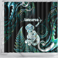 New Zealand Maori Taniwha Shower Curtain Silver Fern Paua Shell Version