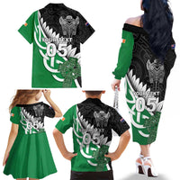 New Zealand And Ireland Rugby Custom Family Matching Off The Shoulder Long Sleeve Dress and Hawaiian Shirt Silver Fern With Celtic Cross