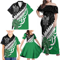 New Zealand And Ireland Rugby Custom Family Matching Off Shoulder Maxi Dress and Hawaiian Shirt Silver Fern With Celtic Cross LT05 - Polynesian Pride