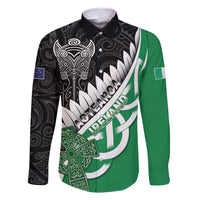 New Zealand And Ireland Rugby Custom Family Matching Off Shoulder Maxi Dress and Hawaiian Shirt Silver Fern With Celtic Cross LT05 Dad's Shirt - Long Sleeve Green - Polynesian Pride