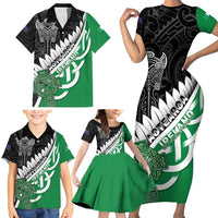 New Zealand And Ireland Rugby Custom Family Matching Short Sleeve Bodycon Dress and Hawaiian Shirt Silver Fern With Celtic Cross