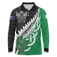 New Zealand And Ireland Rugby Custom Long Sleeve Polo Shirt Silver Fern With Celtic Cross