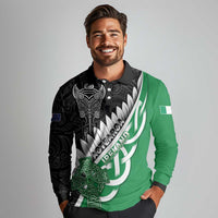 New Zealand And Ireland Rugby Custom Long Sleeve Polo Shirt Silver Fern With Celtic Cross