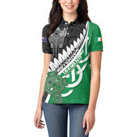 New Zealand And Ireland Rugby Custom Women Polo Shirt Silver Fern With Celtic Cross