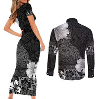 Hawaii Hibiscus With Black Polynesian Pattern Couples Matching Short Sleeve Bodycon Dress and Long Sleeve Button Shirt