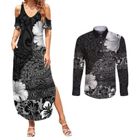 Hawaii Hibiscus With Black Polynesian Pattern Couples Matching Summer Maxi Dress and Long Sleeve Button Shirt