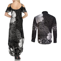Hawaii Hibiscus With Black Polynesian Pattern Couples Matching Summer Maxi Dress and Long Sleeve Button Shirt