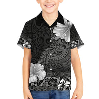 Hawaii Hibiscus With Black Polynesian Pattern Family Matching Off Shoulder Short Dress and Hawaiian Shirt