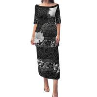 Hawaii Hibiscus With Black Polynesian Pattern Family Matching Puletasi and Hawaiian Shirt