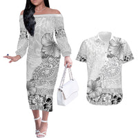 Hawaii Hibiscus With White Polynesian Pattern Couples Matching Off The Shoulder Long Sleeve Dress and Hawaiian Shirt