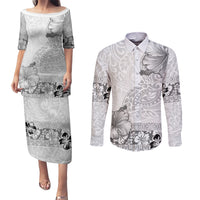 Hawaii Hibiscus With White Polynesian Pattern Couples Matching Puletasi and Long Sleeve Button Shirt