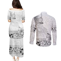 Hawaii Hibiscus With White Polynesian Pattern Couples Matching Puletasi and Long Sleeve Button Shirt
