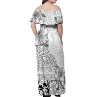 Hawaii Hibiscus With White Polynesian Pattern Off Shoulder Maxi Dress