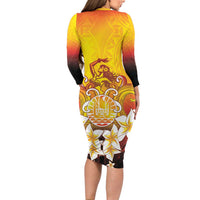 Tahiti Heiva Festival Family Matching Long Sleeve Bodycon Dress and Hawaiian Shirt Tahitian Vahine Plumeria Flowers