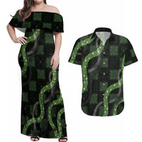 Hawaiian Quilt Couples Matching Off Shoulder Maxi Dress and Hawaiian Shirt Pele Hair Hinahina Lei Black Version LT05 Black - Polynesian Pride