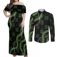 Hawaiian Quilt Couples Matching Off Shoulder Maxi Dress and Long Sleeve Button Shirt Pele Hair Hinahina Lei Black Version LT05 Black - Polynesian Pride