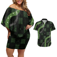 Hawaiian Quilt Couples Matching Off Shoulder Short Dress and Hawaiian Shirt Pele Hair Hinahina Lei Black Version LT05 Black - Polynesian Pride