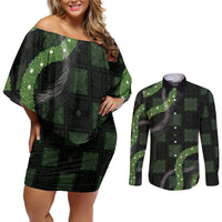 Hawaiian Quilt Couples Matching Off Shoulder Short Dress and Long Sleeve Button Shirt Pele Hair Hinahina Lei Black Version LT05 Black - Polynesian Pride