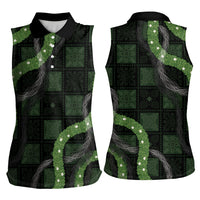 Hawaiian Quilt Women Sleeveless Polo Shirt Pele Hair Hinahina Lei Black Version LT05 - Polynesian Pride