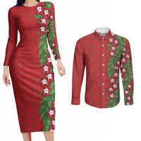 Tonga Language Week Couples Matching Long Sleeve Bodycon Dress and Long Sleeve Button Shirt Heilala Floral Red