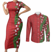 Tonga Language Week Couples Matching Short Sleeve Bodycon Dress and Long Sleeve Button Shirt Heilala Floral Red