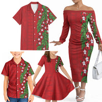 Tonga Language Week Family Matching Off The Shoulder Long Sleeve Dress and Hawaiian Shirt Heilala Floral Red