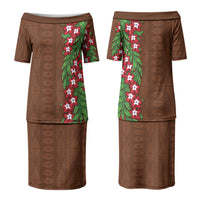 Tonga Language Week Couples Matching Puletasi and Long Sleeve Button Shirt Heilala Floral Brown