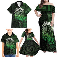 New Zealand Maori Koru Fern Family Matching Off Shoulder Maxi Dress and Hawaiian Shirt Spiral Polynesian Style Green LT05 - Polynesian Pride