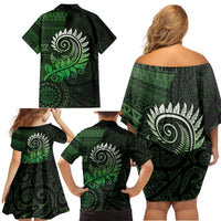 New Zealand Maori Koru Fern Family Matching Off Shoulder Short Dress and Hawaiian Shirt Spiral Polynesian Style Green LT05 - Polynesian Pride