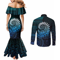 New Zealand Maori Koru Fern Couples Matching Mermaid Dress and Long Sleeve Button Shirt Spiral Polynesian Style Aqua Gradient
