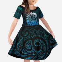 New Zealand Maori Koru Fern Family Matching Off Shoulder Maxi Dress and Hawaiian Shirt Spiral Polynesian Style Aqua Gradient LT05 Daughter's Dress Aqua - Polynesian Pride