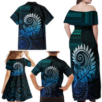 New Zealand Maori Koru Fern Family Matching Off Shoulder Maxi Dress and Hawaiian Shirt Spiral Polynesian Style Aqua Gradient LT05 - Polynesian Pride