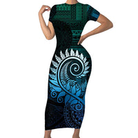 New Zealand Maori Koru Fern Family Matching Short Sleeve Bodycon Dress and Hawaiian Shirt Spiral Polynesian Style Aqua Gradient LT05 Mom's Dress Aqua - Polynesian Pride