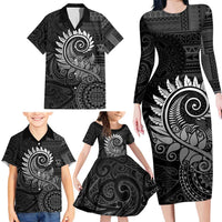 New Zealand Maori Koru Fern Family Matching Long Sleeve Bodycon Dress and Hawaiian Shirt Spiral Polynesian Style Gray LT05 - Polynesian Pride