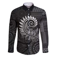 New Zealand Maori Koru Fern Family Matching Short Sleeve Bodycon Dress and Hawaiian Shirt Spiral Polynesian Style Gray LT05 Dad's Shirt - Long Sleeve Gray - Polynesian Pride