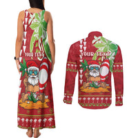 Personalised Hawaii Christmas Couples Matching Tank Maxi Dress and Long Sleeve Button Shirt Funny Santa Claus Surf Mele Kalikimaka