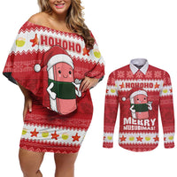 Hawaii Funny Christmas Couples Matching Off Shoulder Short Dress and Long Sleeve Button Shirt Spam Musubi Santa LT05 Red - Polynesian Pride