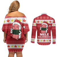 Hawaii Funny Christmas Couples Matching Off Shoulder Short Dress and Long Sleeve Button Shirt Spam Musubi Santa LT05 - Polynesian Pride