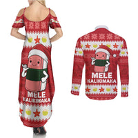 Hawaii Funny Christmas Couples Matching Summer Maxi Dress and Long Sleeve Button Shirt Spam Musubi Santa